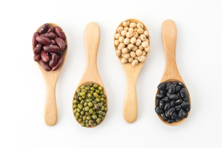 spoons of different types of cereals and pulses which are beneficial for thyroid patients