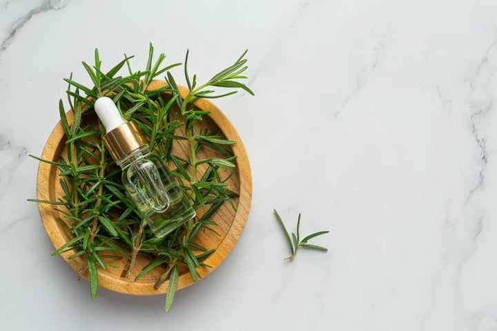 serum bottle with leaves kept in bowl | rosemary water for hair
