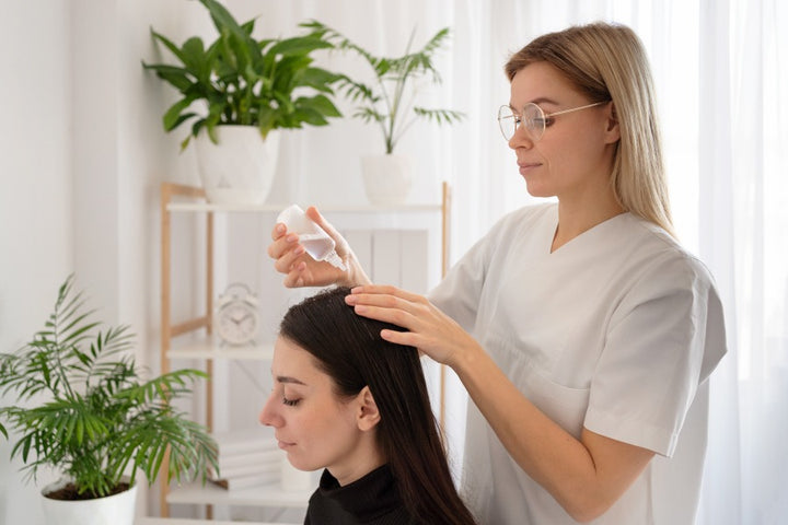 a woman applying anti dandruff shampoo on another woman's scalp